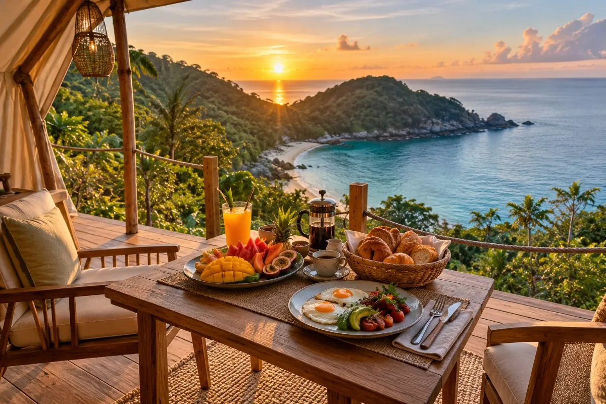 Breakfast with fruit, pastries, eggs and coffee on a tent deck above a turquoise cove