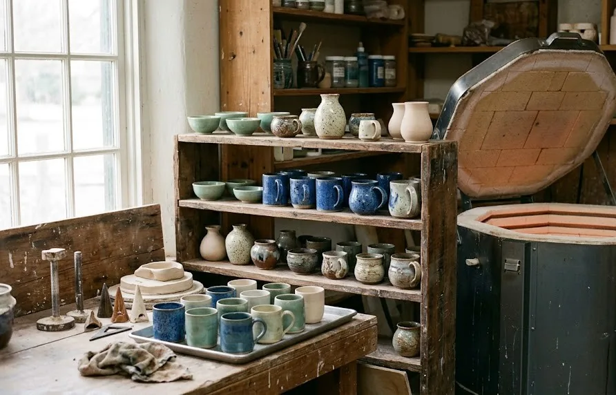 Shelves of glazed handmade mugs, bowls and vases beside an open kiln in a pottery studio