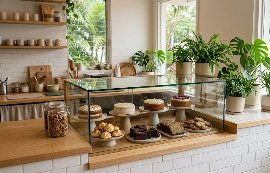 Bright bakery cafe counter with gluten-free cakes, macaroons and cookies in a glass case