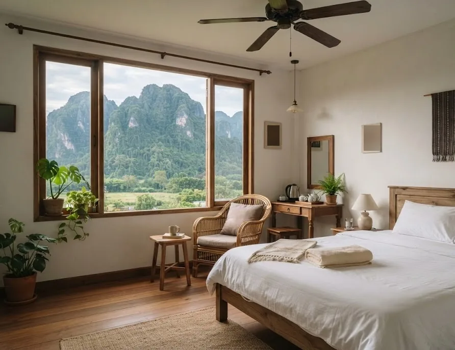 Cozy guesthouse room with a big window framing a forested limestone mountain