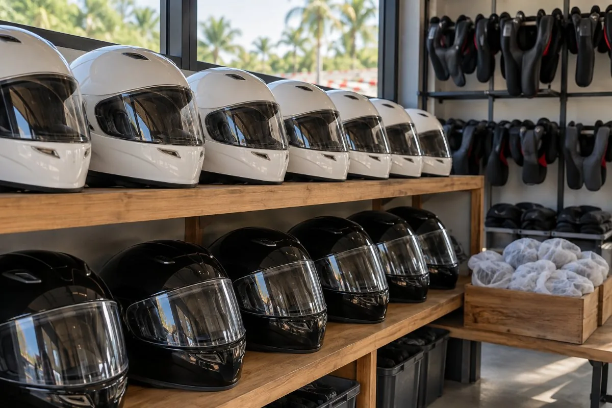 Rows of karting helmets, neck braces and hair nets in an equipment room