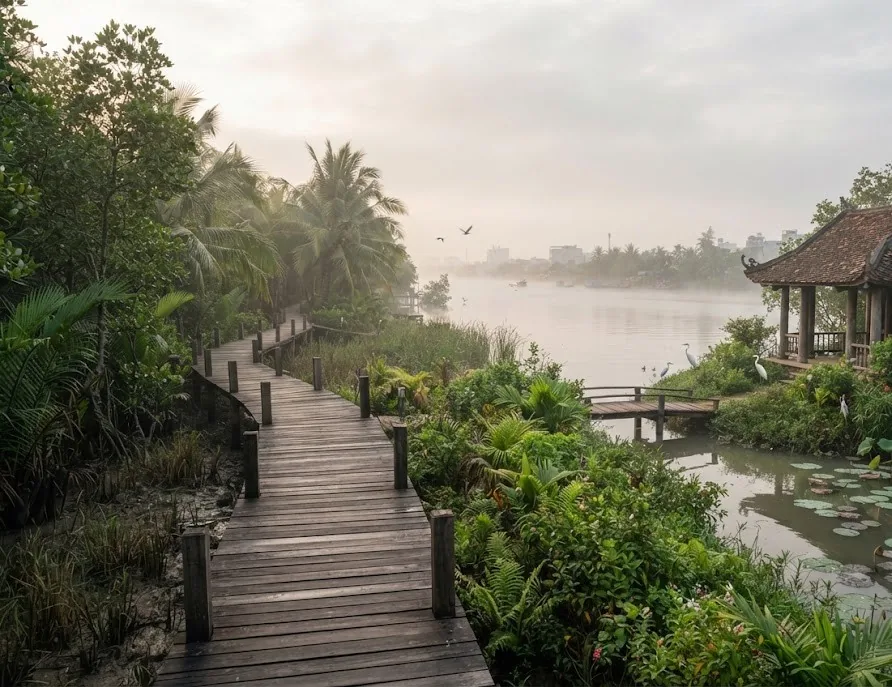 Misty mangrove boardwalk beside a riverside eco park with a pavilion and egrets