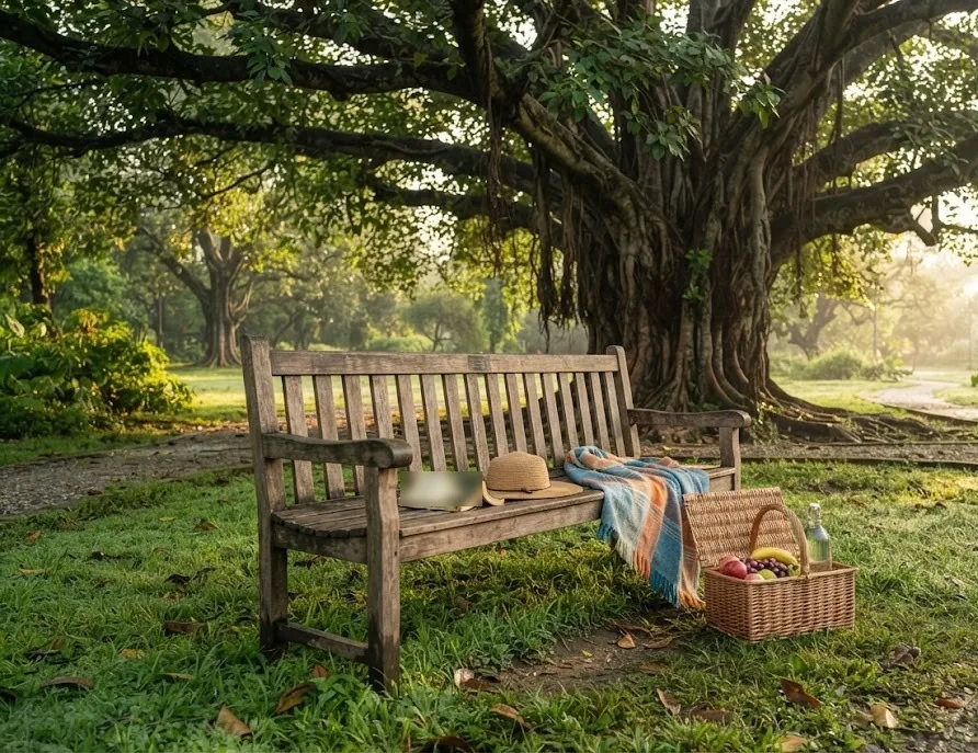 Park bench under a banyan tree with a picnic basket, blanket, book and sun hat