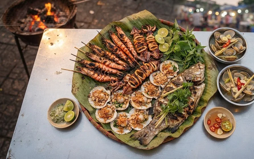 Platter of grilled prawns, scallops with spring onion oil, squid and a whole grilled fish