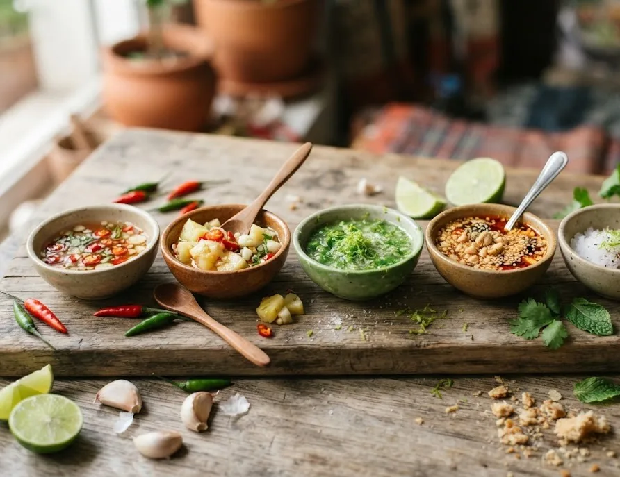Row of dipping sauces: chili fish sauce, pineapple anchovy, green chili salt and peanut sauce