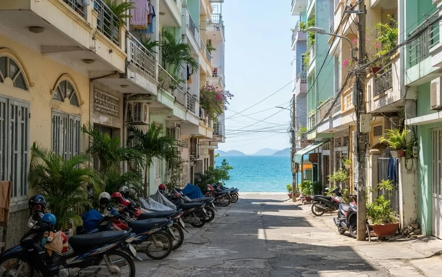 Narrow street of tall pastel guesthouses with balconies and parked scooters, the sea at the far end
