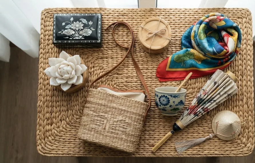Lacquer box, marble lotus, silk scarf, sedge bag, ceramic cup, paper fan and conical hat ornament