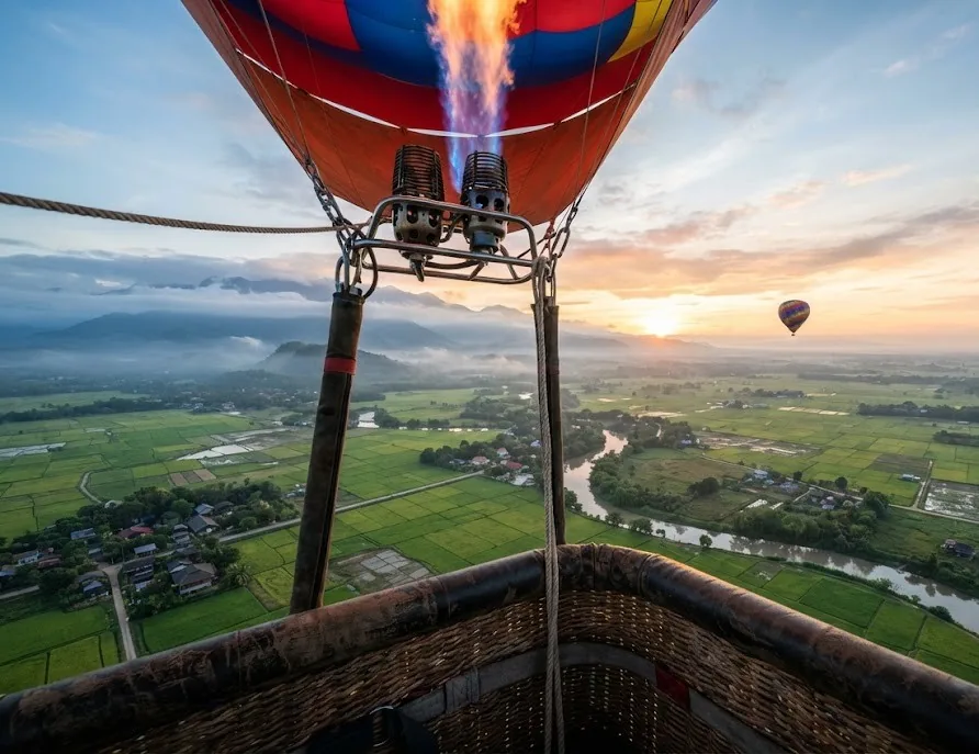 View from a hot air balloon basket with the burner flame above rice fields