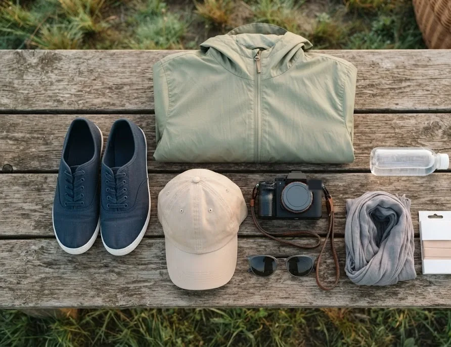 What to bring for a balloon ride: windbreaker, sneakers, cap, camera and water