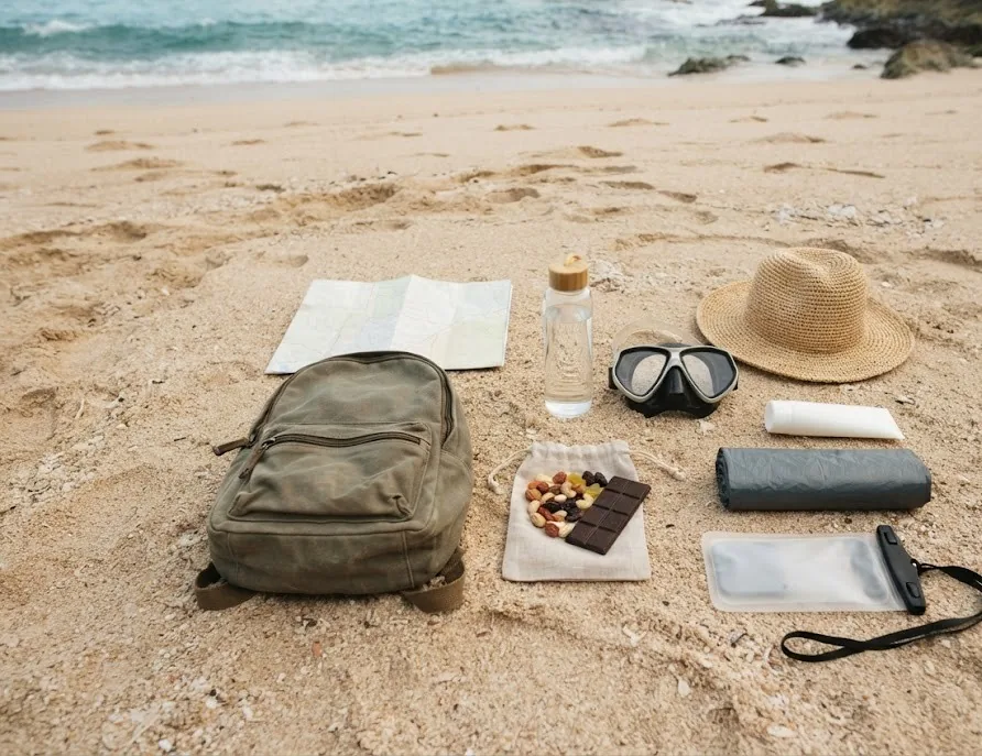 Hidden beach day kit on the sand: backpack, map, snacks, mask and a trash bag