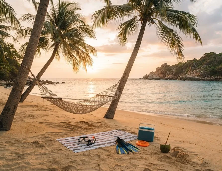 Hammock between palms with snorkel gear, cooler and a coconut on a quiet beach at sunset