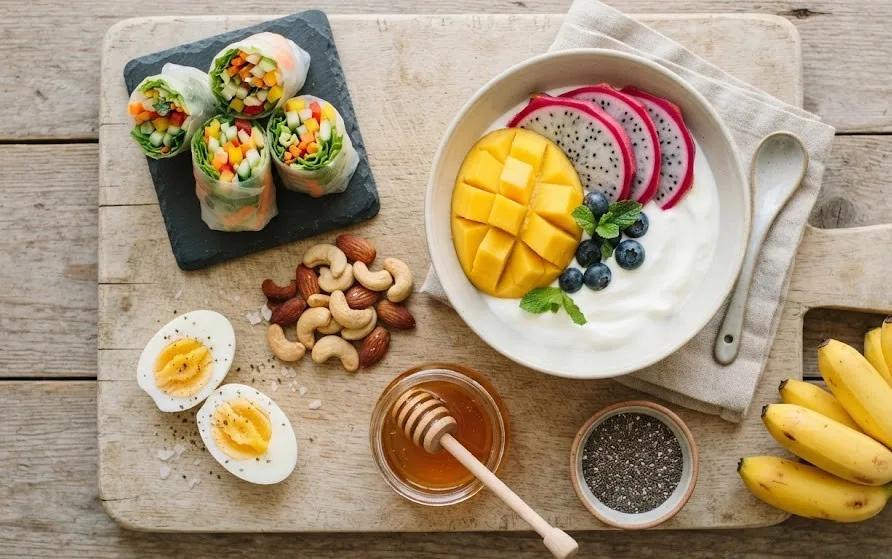 Board with yogurt and tropical fruit, nuts, boiled eggs, rice paper rolls, honey, chia seeds and bananas