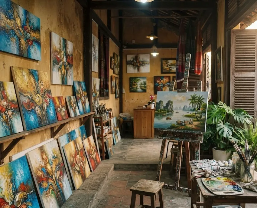 Small art studio with abstract canvases and a landscape painting on the easel