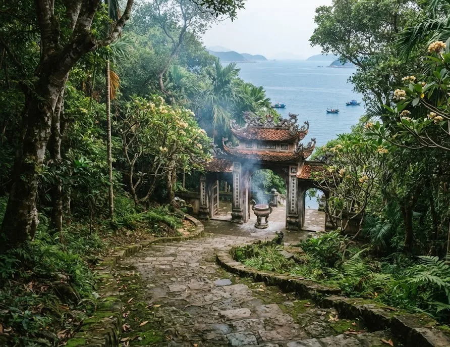 Vietnamese pagoda gate with incense on a forest path above the sea