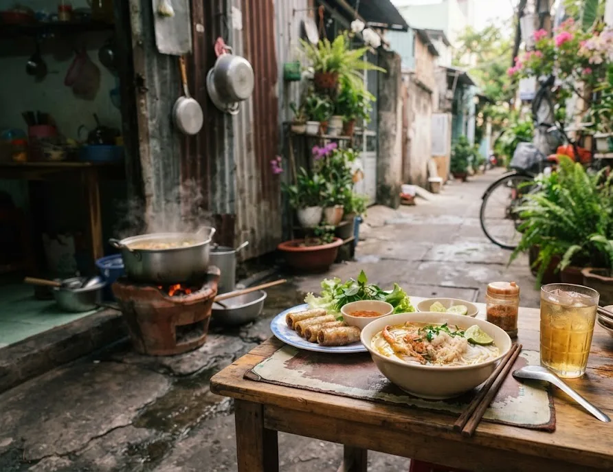 Alley eatery table with crab noodle soup, spring rolls and iced tea beside a charcoal stove