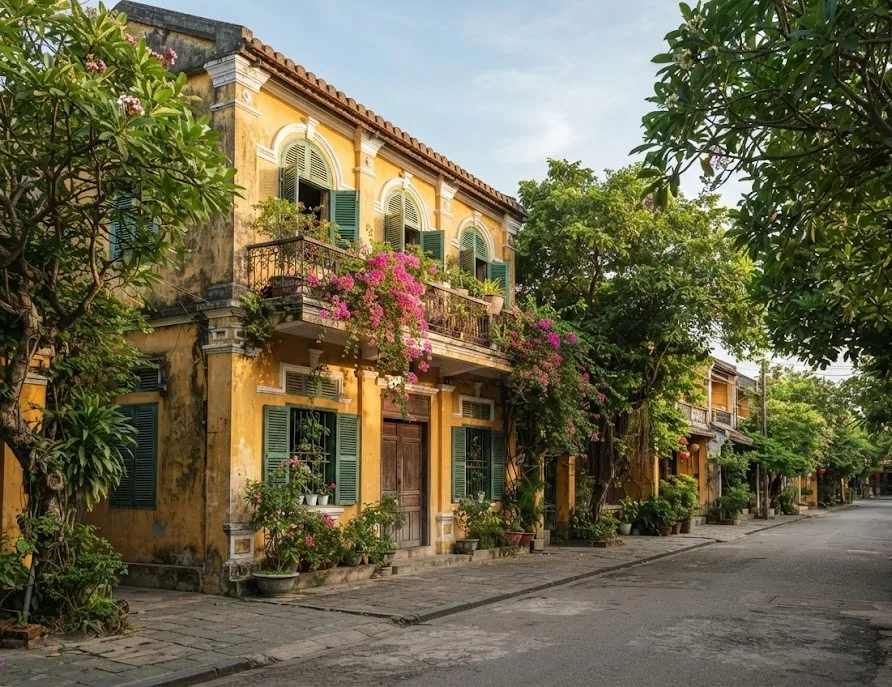 Yellow colonial-era building with green shutters and bougainvillea on a quiet street