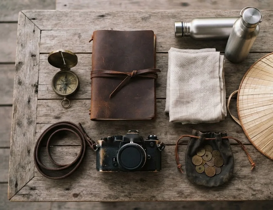 History day-trip kit: leather notebook, film camera, compass, scarf and conical hat