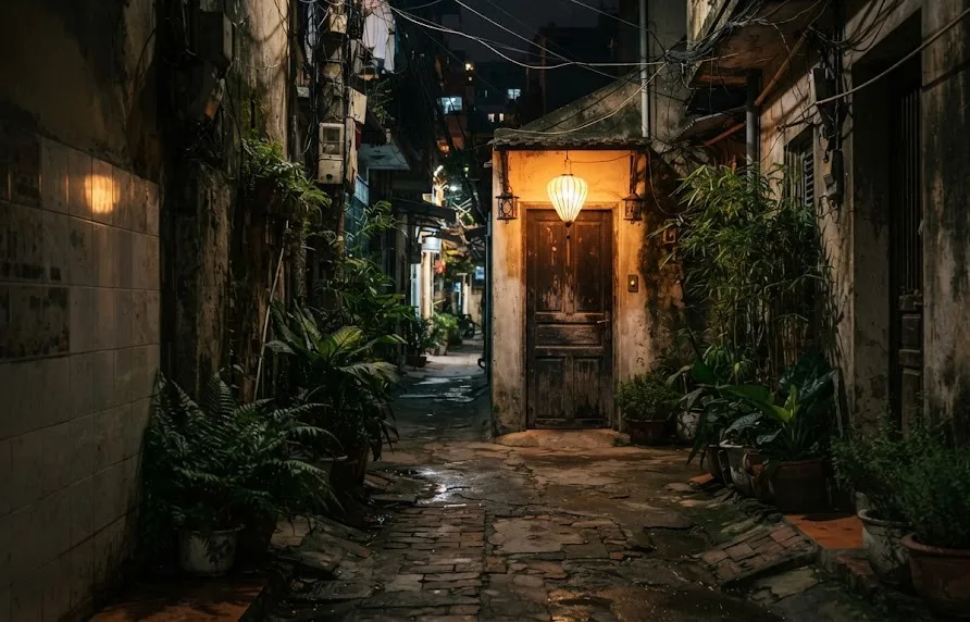 Narrow night alley with plants leading to an unmarked wooden door under a lantern