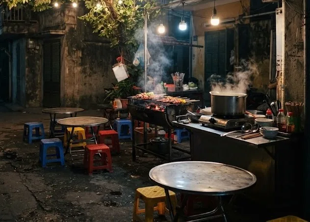 Alley food stall with a charcoal grill, steaming pot and plastic stools under string lights