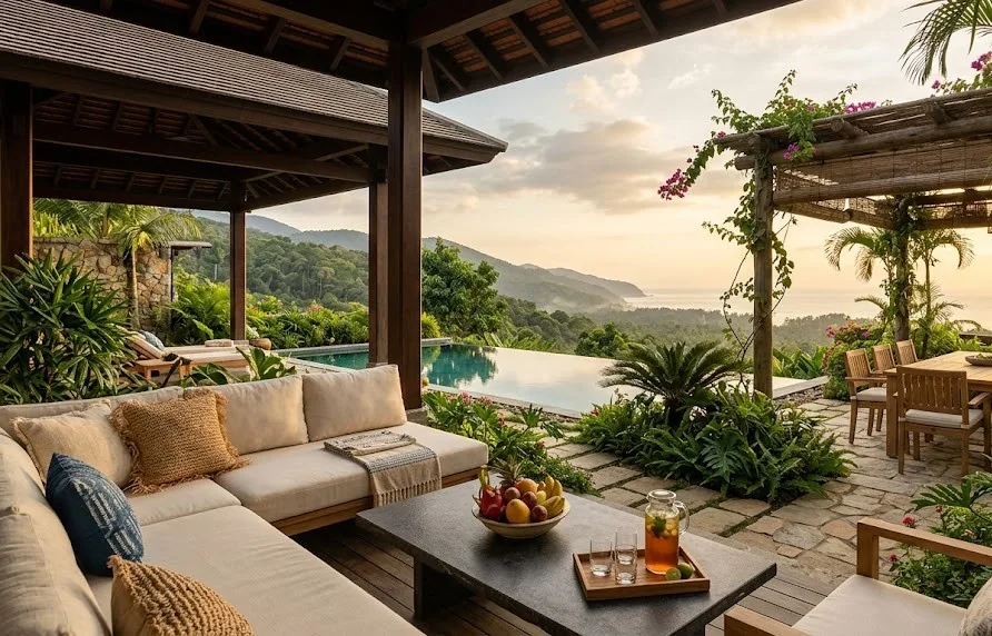 Covered outdoor lounge of a hillside villa with sofa, dining pergola and infinity pool overlooking the sea