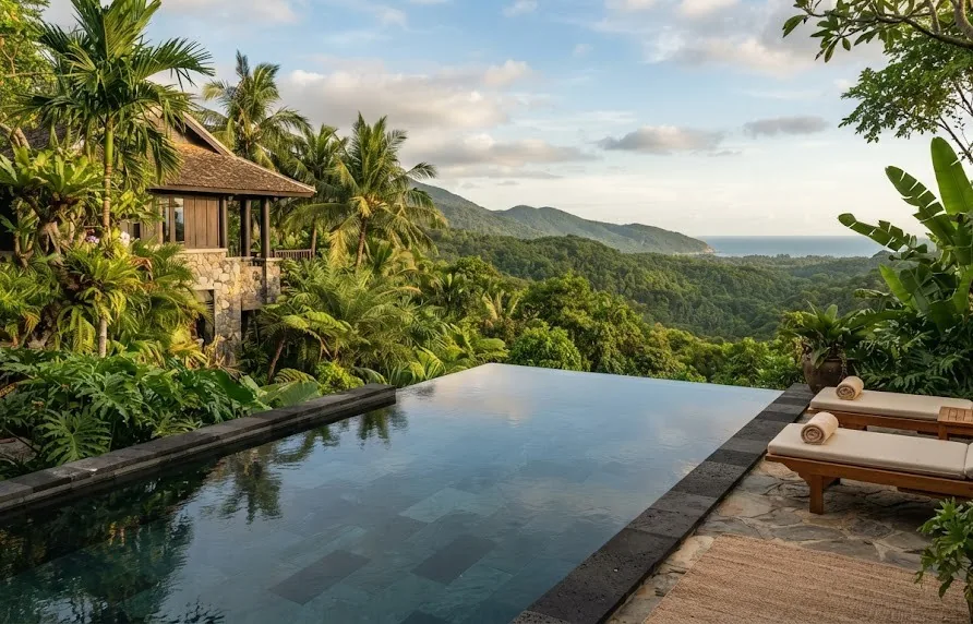 Private infinity pool at a hilltop villa overlooking forested hills and the sea