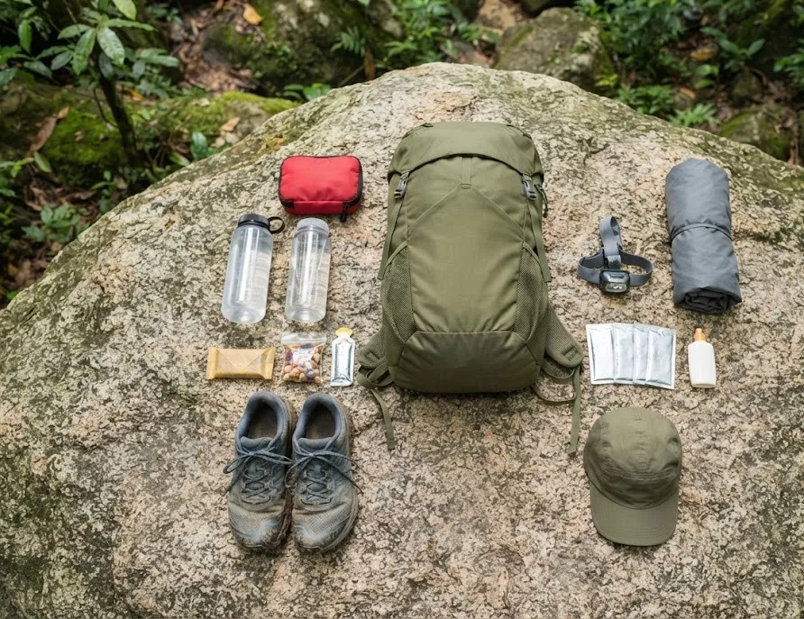 Day hiking kit on a boulder: daypack, water bottles, snacks, headlamp, first aid kit and trail shoes