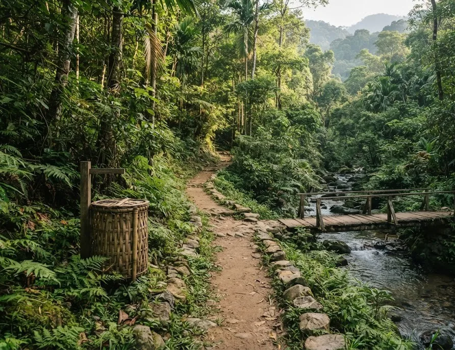 Clean forest trail with a bamboo trash bin and a wooden footbridge over a stream