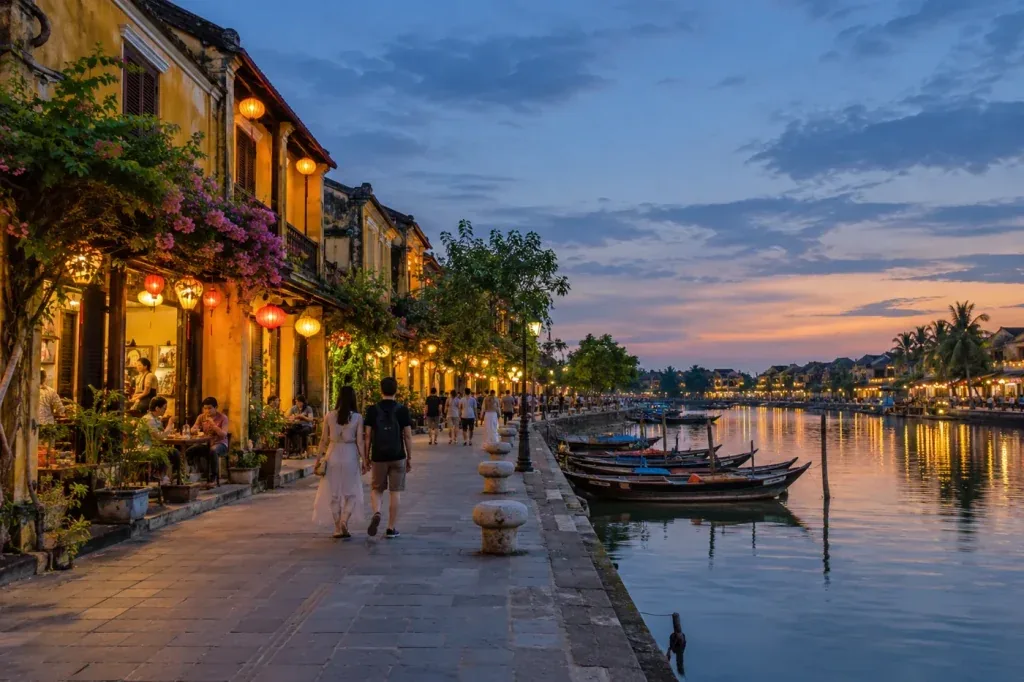 AI illustration: A lantern-lit old-town riverfront