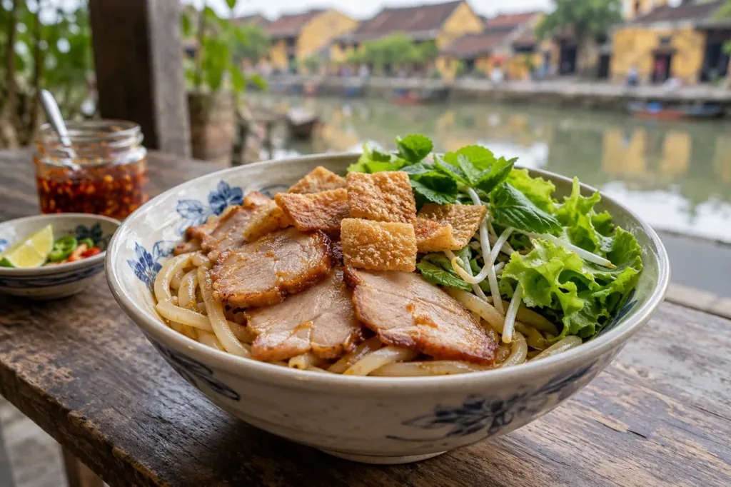 AI illustration: Cao lau at a simple dining table