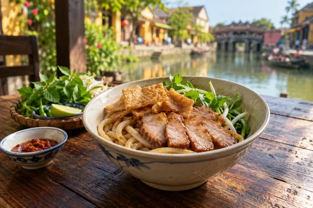 AI illustration: Cao lau noodles with pork and greens