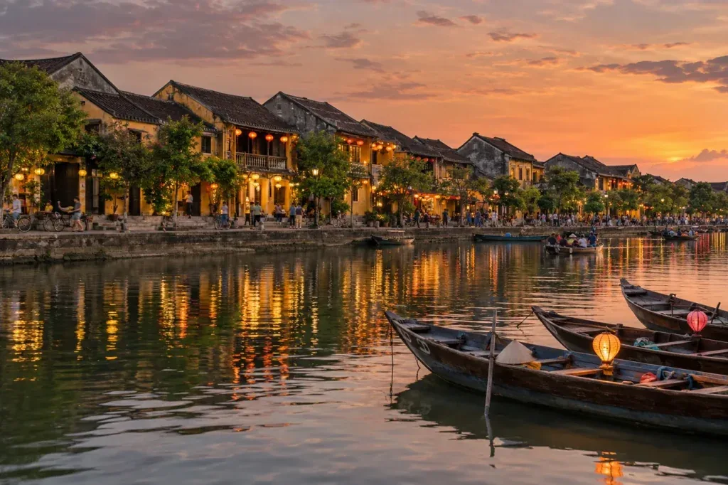 AI illustration: An old-town riverfront at dusk