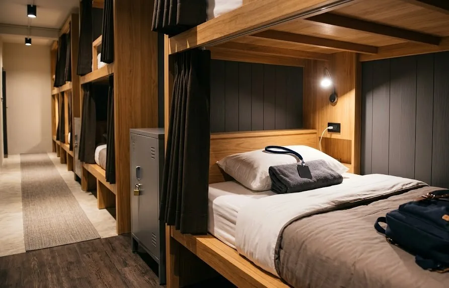 Private wooden capsule bunk with curtain, reading light, steel locker and padlock in a hostel dorm