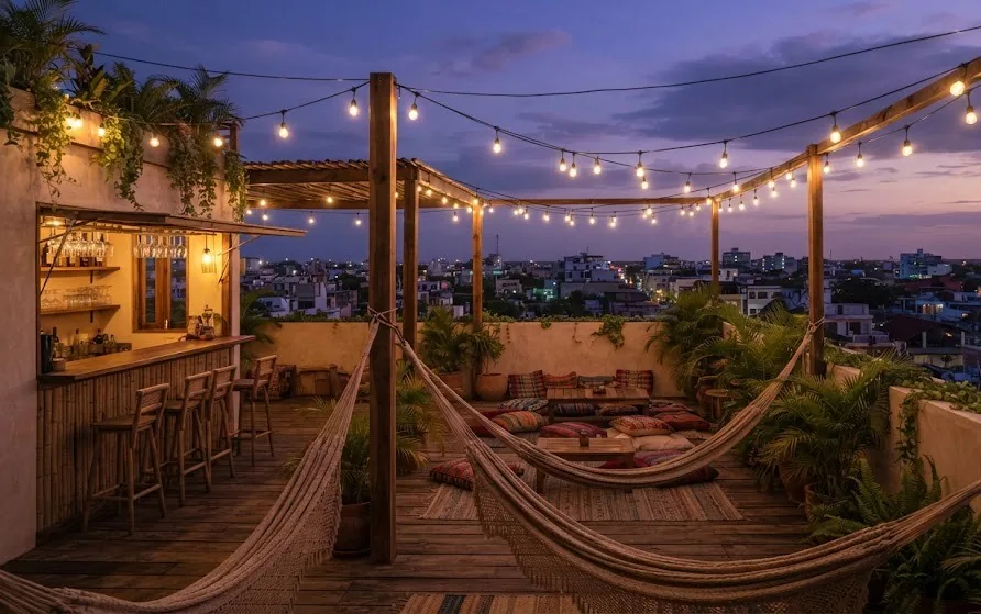 Rooftop hostel terrace with hammocks, floor cushions, string lights and a small bar at dusk