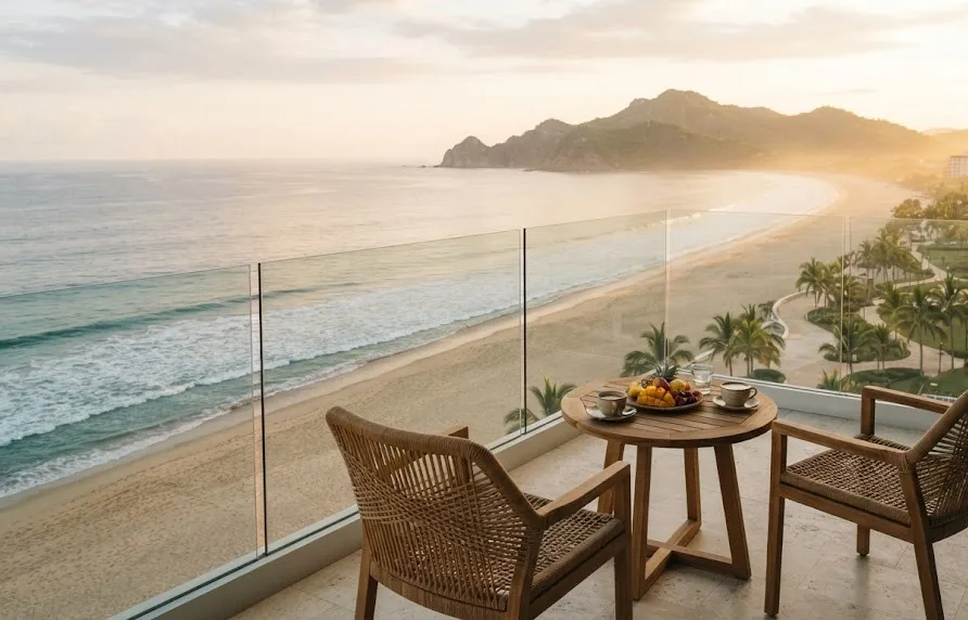 High-floor hotel balcony with coffee and fruit overlooking a long beach at sunrise