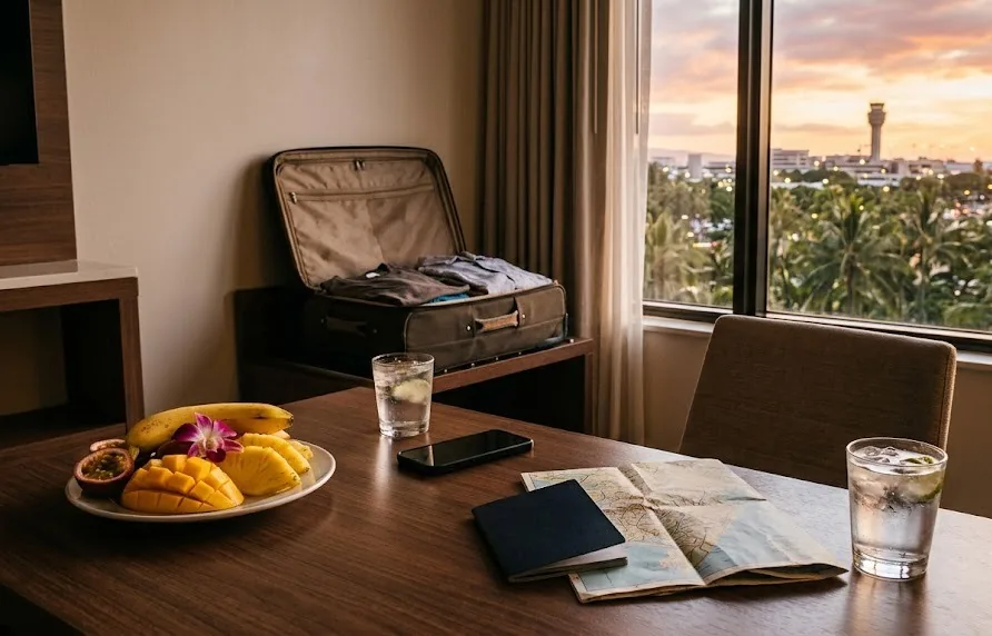 Hotel room desk with welcome fruit, map and open suitcase, airport control tower visible at sunset