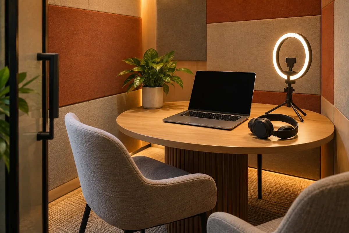 Small meeting pod with a laptop, ring light and headphones for video calls