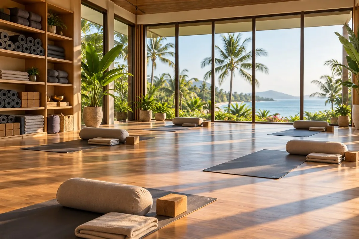 Hotel yoga studio with wooden floor, bolsters, blocks and mats facing a tropical garden and sea