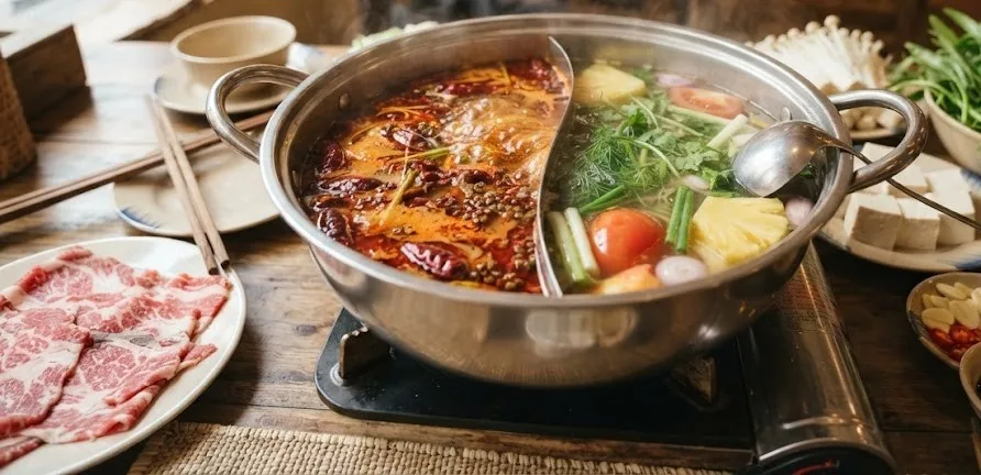 Split hot pot with spicy chili broth and clear sour Vietnamese broth