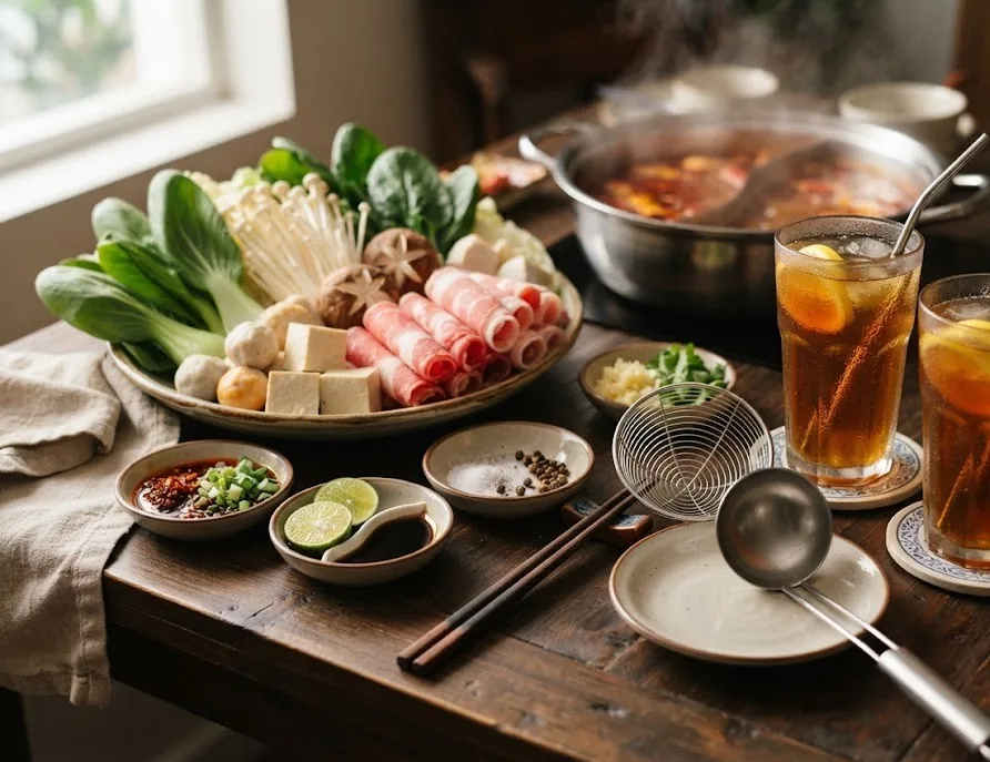 Hot pot table with dipping sauces, noodle strainer, ladle and iced tea