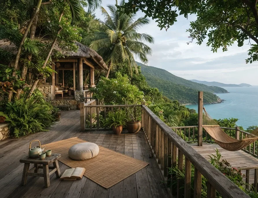Retreat deck with a meditation cushion, tea set and hammock above the sea
