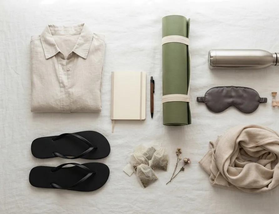 Retreat packing flat lay: linen shirt, journal, yoga mat, sleep mask and herbal tea