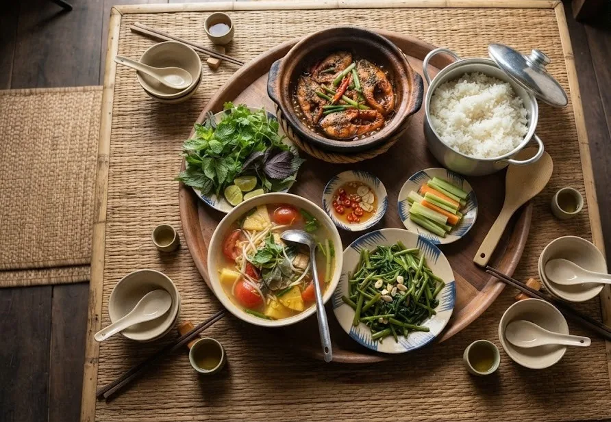 Home-cooked family meal with braised fish, sour soup, morning glory and rice