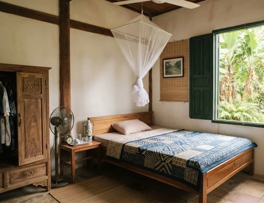 Simple homestay guest room with a mosquito net, fan, thermos and garden window