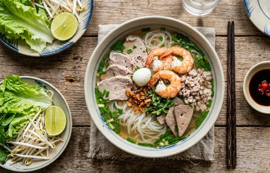 Overhead view of a bowl of hu tieu Nam Vang with prawns, pork, quail egg and fried garlic