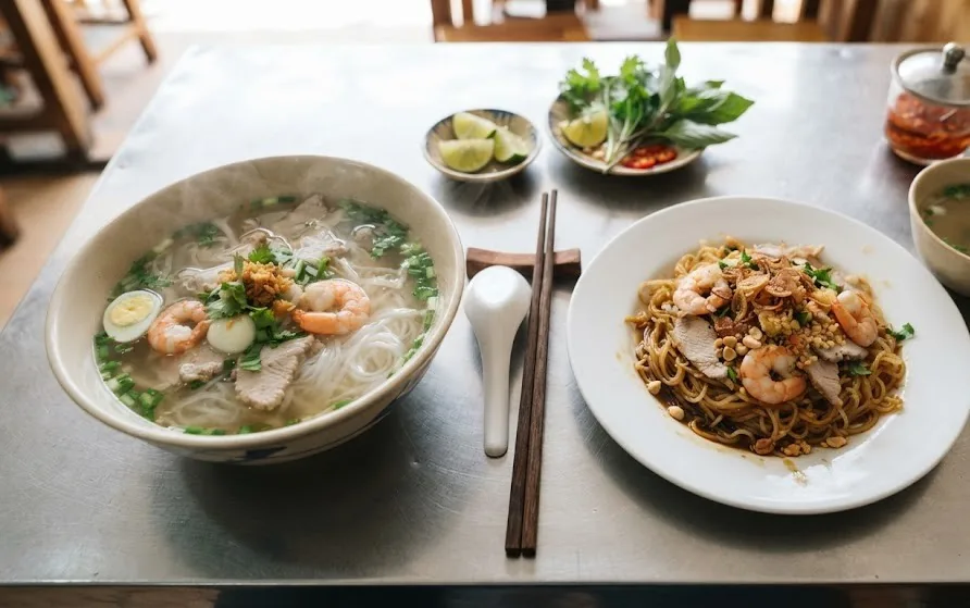 A bowl of clear broth noodles beside a plate of the same noodles served dry with sauce and toppings