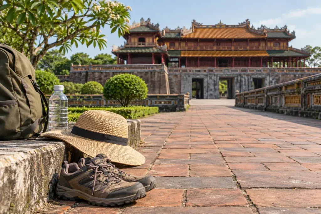 AI illustration: Shoes, water and sun hat for a heritage walk