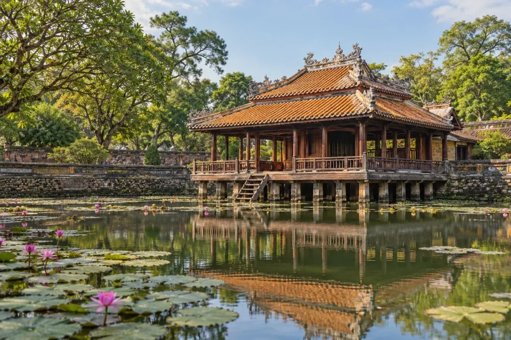 AI illustration: Nguyen-style pavilion and reflecting pond
