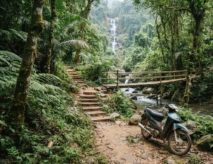 Forest trail with wooden steps and a bamboo bridge leading toward a waterfall