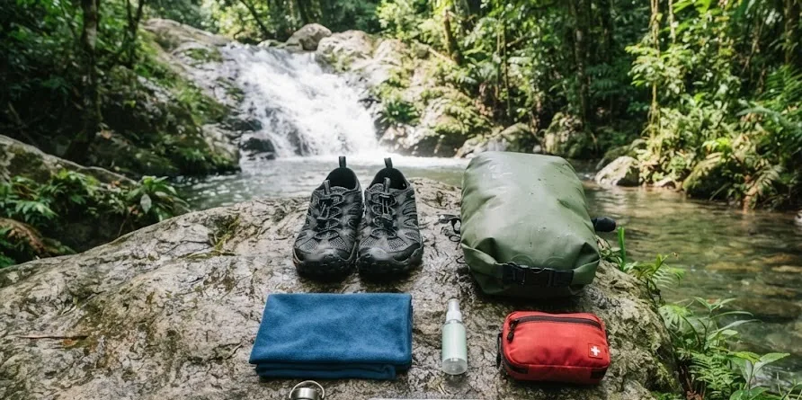 Waterfall trip essentials on a rock: water shoes, dry bag, towel, first aid kit and bottle