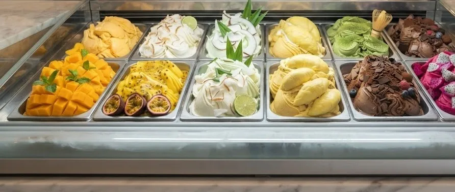 Gelato display with mango, passion fruit, coconut, durian, matcha and dragon fruit flavors